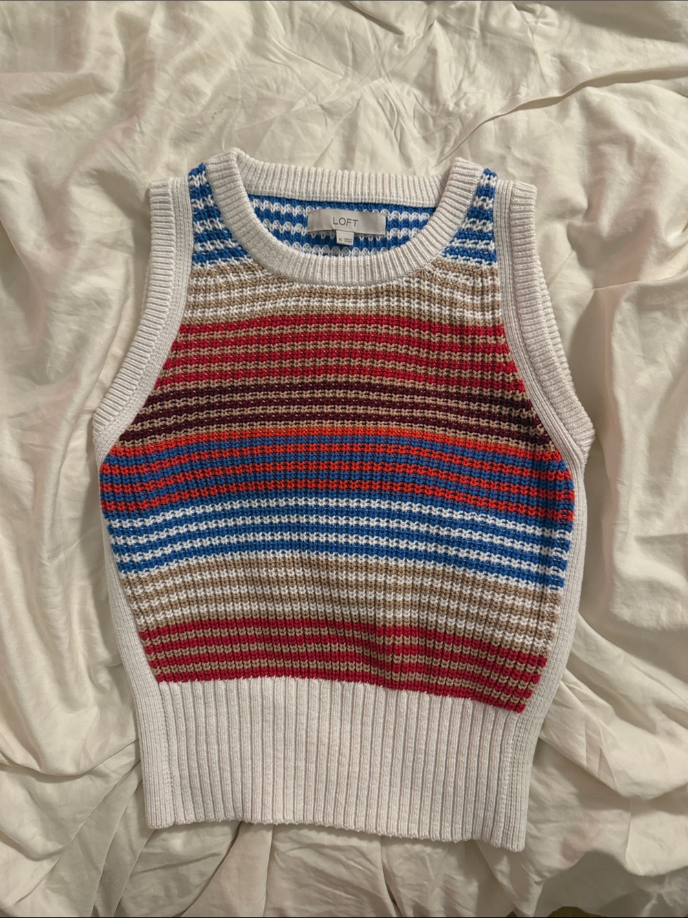 LOFT White Multicolor Striped Knit Sleeveless Sweater Vest cotton blend